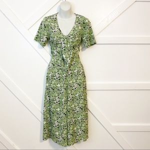 Influence Fashion Leaf Botanical Print Short Sleeve Wide Leg Jumpsuit Green Sz 8